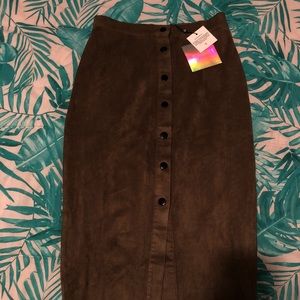 NWT MISSGUIDED Midi Suede Olive Button-Up Skirt